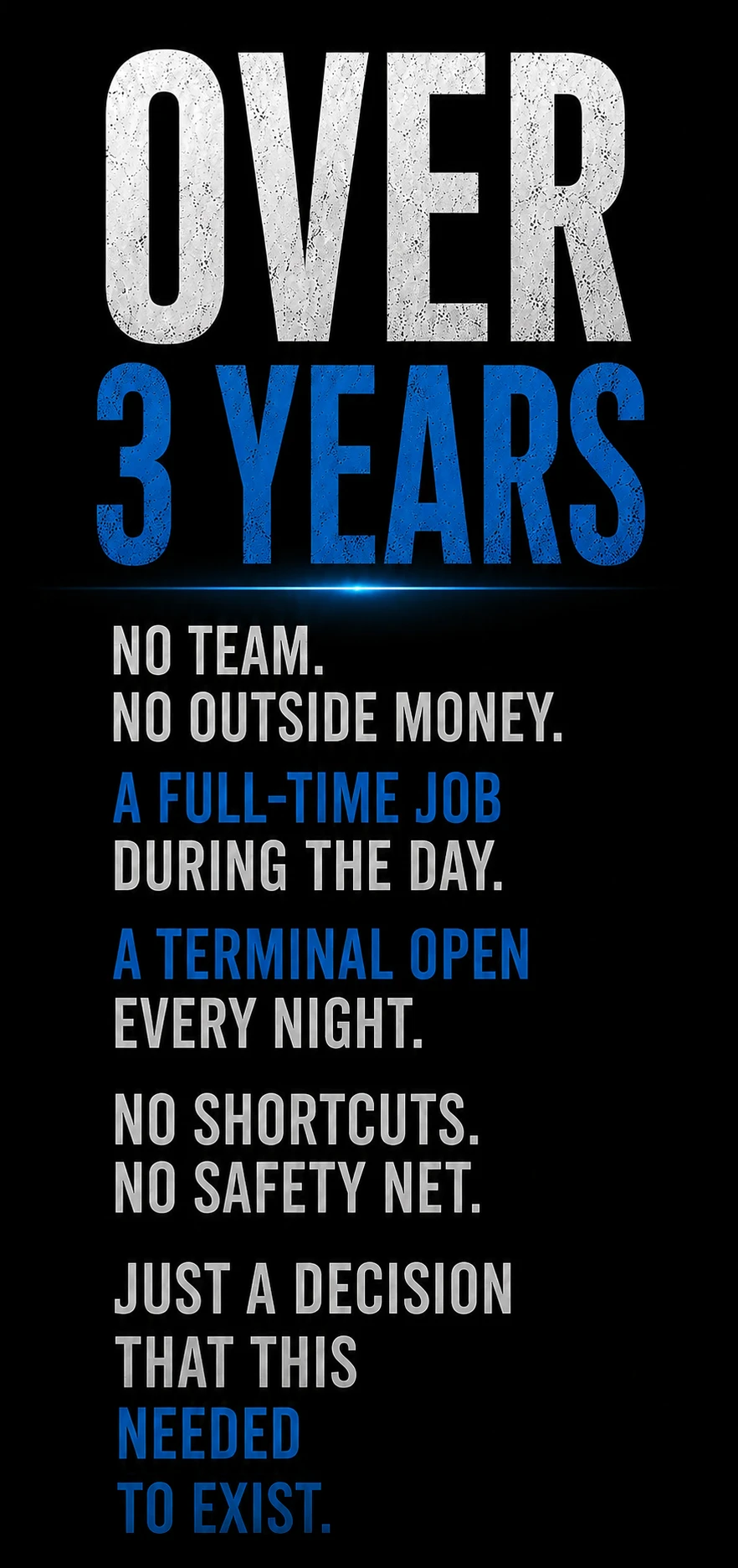 Over 3 years. No team. No outside money. A terminal open every night.